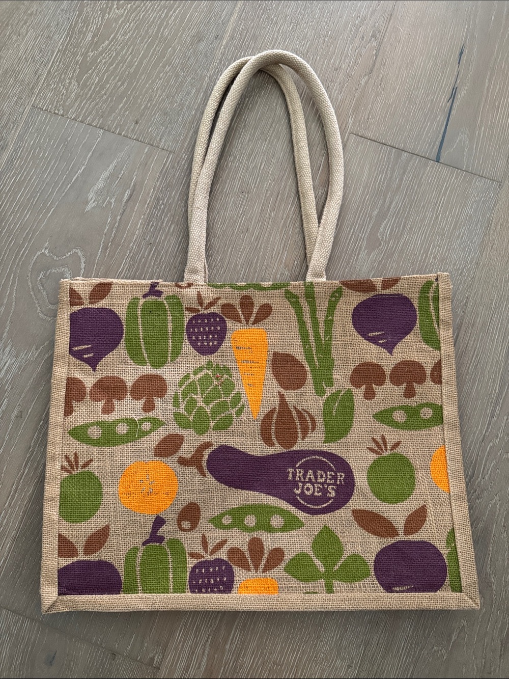 Trader Joe's Jute Tote Bag - Natural with Purple, Green & Orange Produce Print